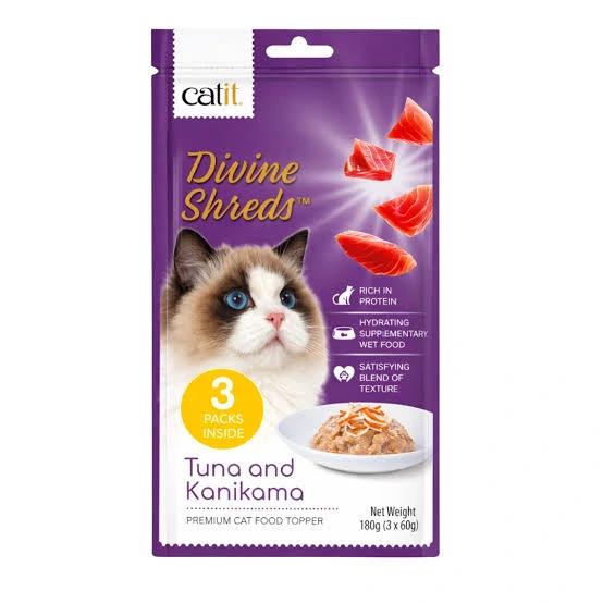 [42189] CATIT DIVINE SHREDS 180GR 3 SOBRES TUNA Y KANIKAMA