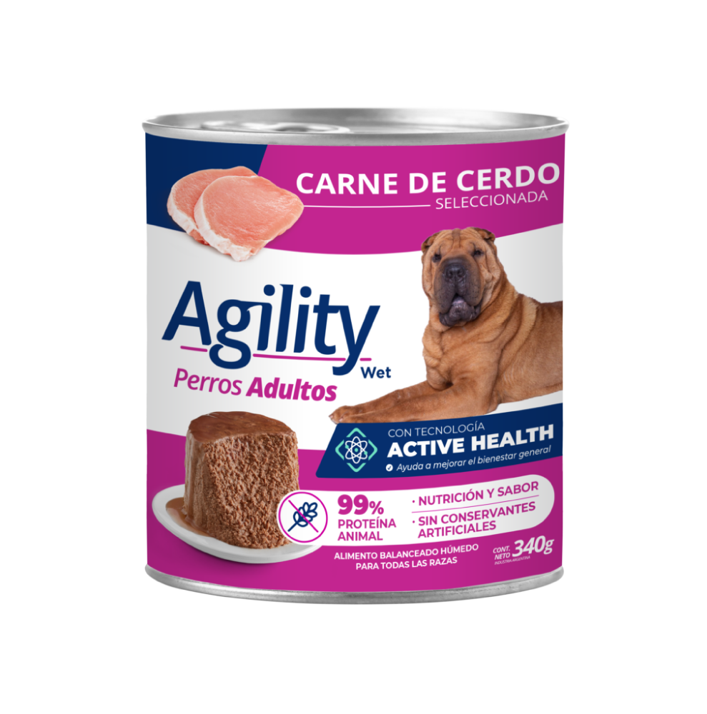 AGILITY DOG LATA ALIMENTO HUMEDO CARNE DE CERDO 340GR PROMO (4X3)