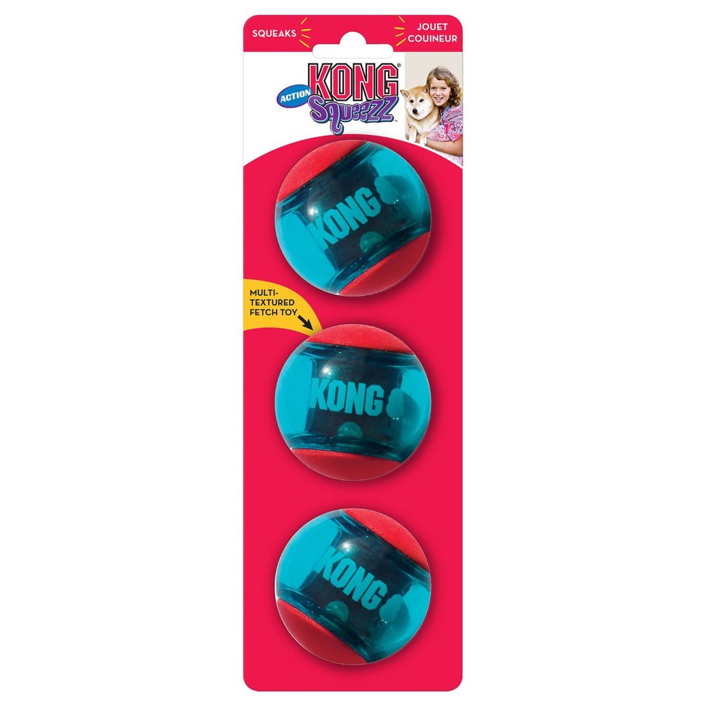 KONG SQUEEZZ ACTION PELOTA CHICA AZUL Y ROJA PACK X3