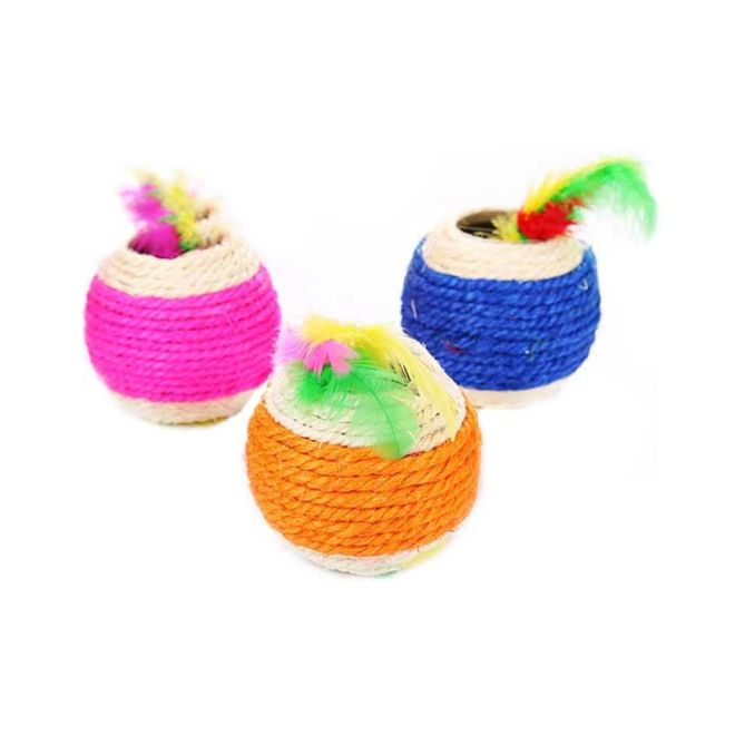 JUGUETE GATO PELOTA SISAL GRANDE CON PLUMA ADENTRO