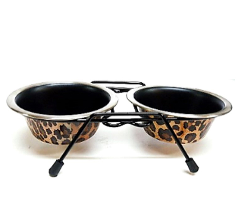 COMEDERO DOBLE ELEVADO ACERO INOX MEDIANO ANIMAL PRINT
