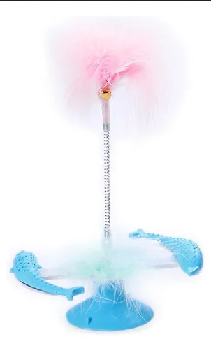 JUGUETE DENTAL MORDILLO DELFIN Y PLUMAS GIRATORIO PARA GATO CON SOPAPA