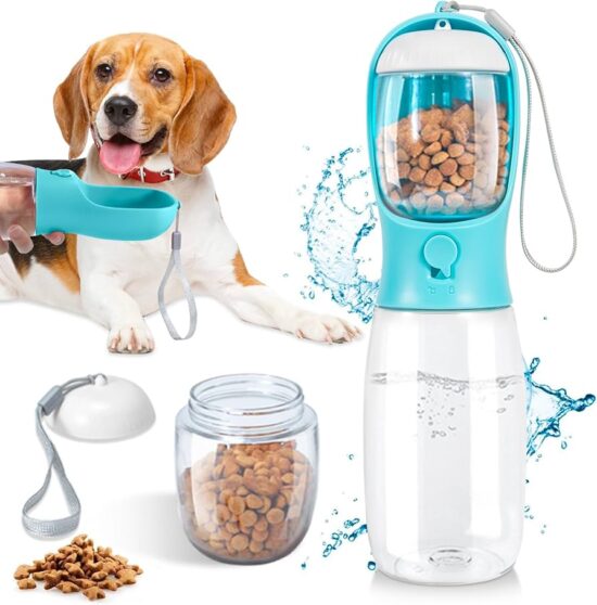 BEBEDERO BOTELLA PORTATIL AGUA Y COMIDA CON CORREA 350ML