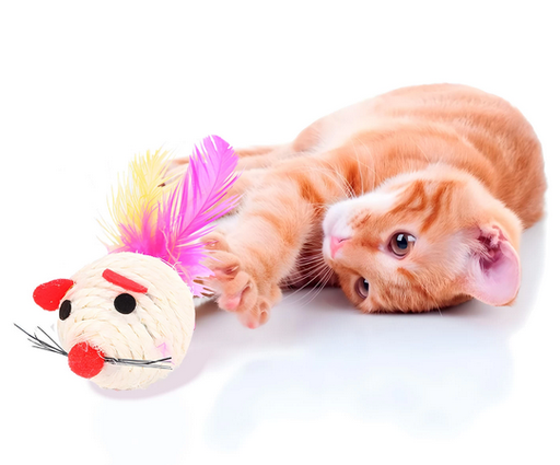 [25305] JUGUETE GATO / PELOTA CON PLUMA SISAL FORMA RATA
